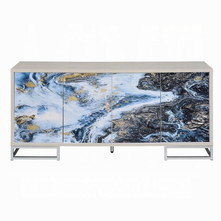 Sideboard Console Cabinet, 4 Door, 65 Inch Blue Marble Paint, White - Benzara