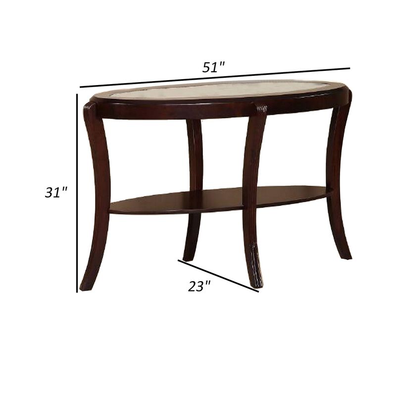 Lyn 51 Inch Console Table with Oval Glass Top and Lower Shelf, Brown Wood - Benzara