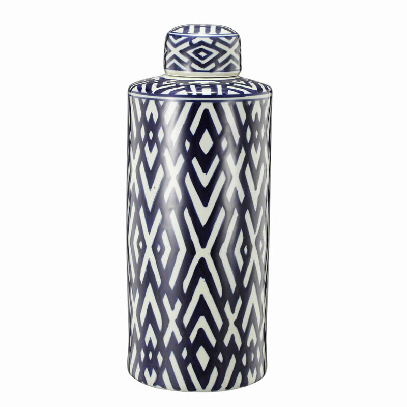 Ceramic Lidded Large Jar with Abstract Pattern, Blue And White-Benzara
