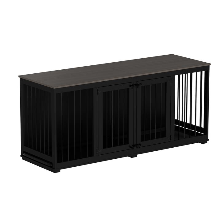 Black Large Dog Crate Furniture for 2 Dogs, 71 in. Heavy-Duty Wooden Dog Crate w/Trays and Divider for Large Medium Dog
