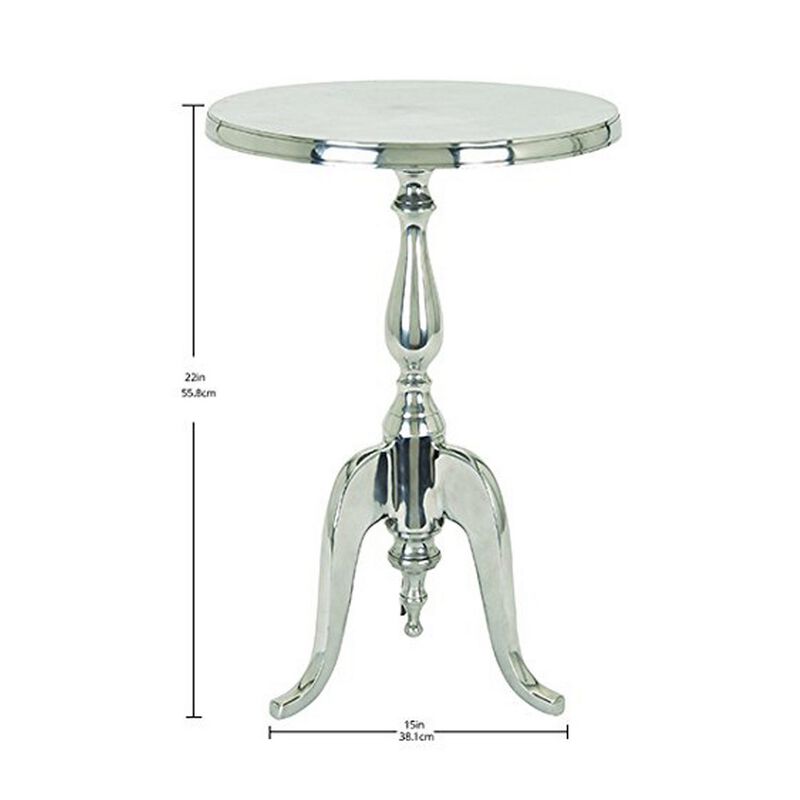 Traditional Style Aluminum Accent Table With Pedestal Base, Silver-Benzara