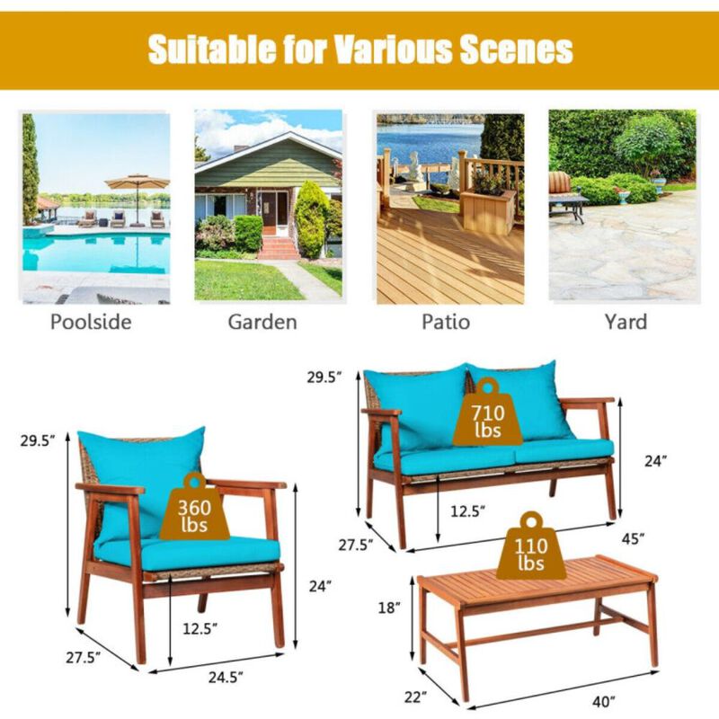 Hivvago 4 Pieces Acacia Wood Patio Rattan Furniture Set with Zippered Cushions