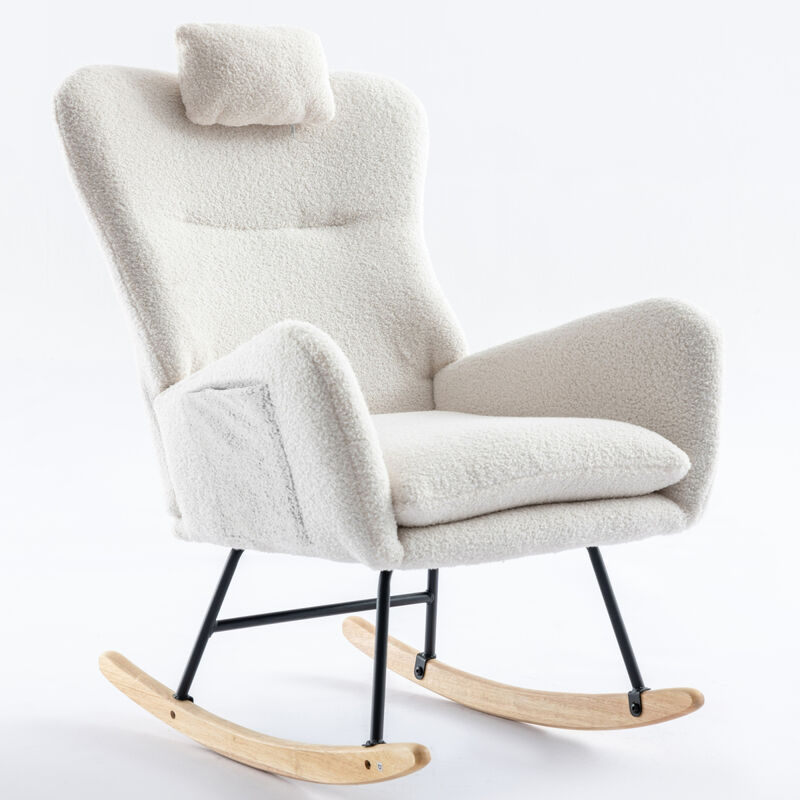 35.5 inch Rocking Chair, Soft Teddy Velvet Fabric Rocking Chair for Nursery, Comfy Wingback Glider Rocker with Safe Solid Wood Base for Living Room Bedroom Balcony (white)