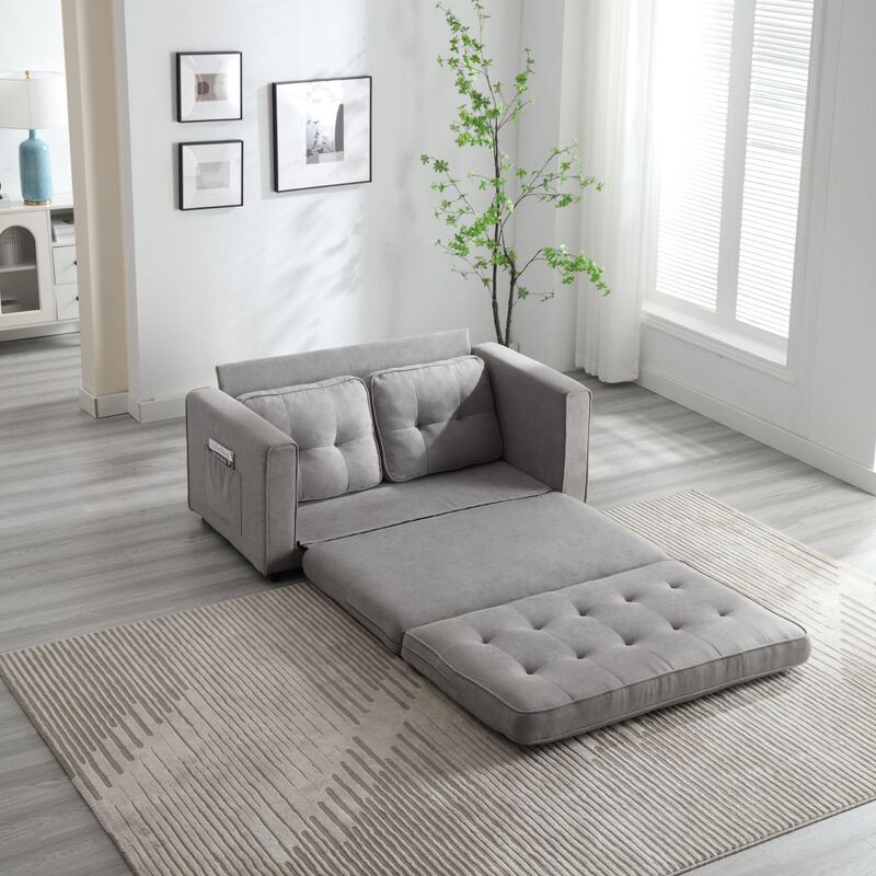 Convertible Sofa Bed Set in Gray & Beige Linen Fabric