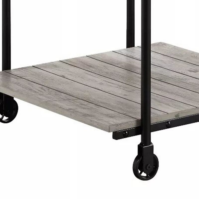 Loak 24 Inch Side End Table, Plank Design, Caster Wheels, Brown, Black - Benzara