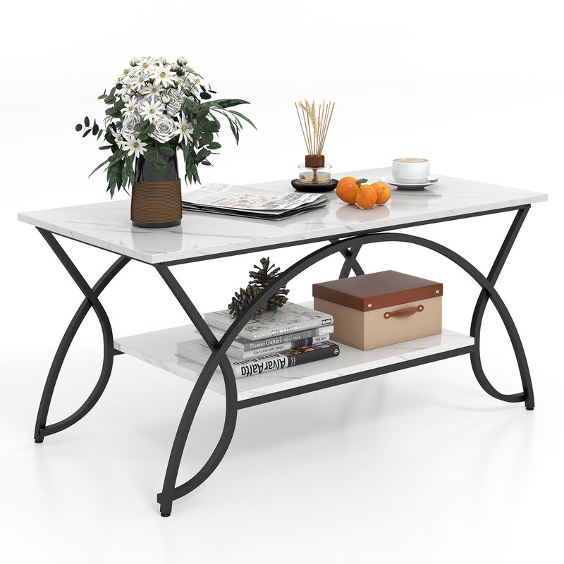 2-Tier Faux Marble Coffee Table with Marble Top and Metal Frame