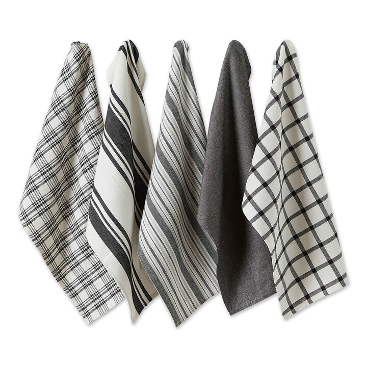 Set of 5 Assorted Black and White Woven Dish Towel  28"