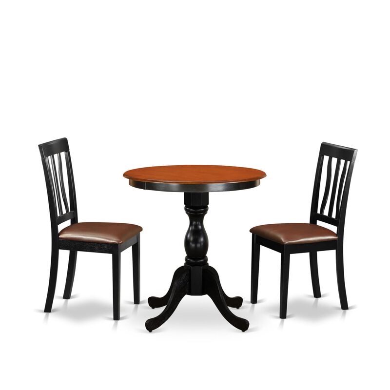 East West Furniture East West Furniture ESAN3-BCH-LC 3-Piece Dining Room Table Set Include a Dining Table and 2 Faux Leather Dining Chairs with Slatted Back - Black Finish