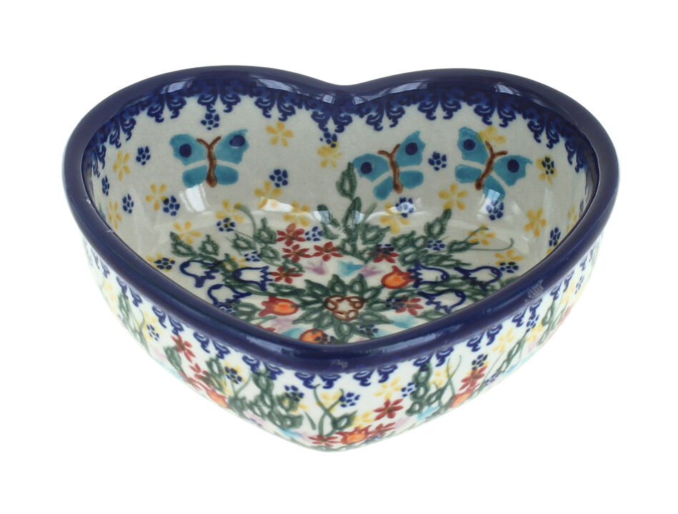 Blue Rose Polish Pottery Ladybug Heart Bowl