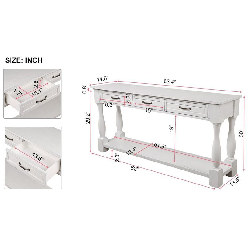 63 inch Long Wood Console Table with 3 Drawers and 1 Bottom Shelf for Entryway Hallway Easy Assembly Extra-thick Sofa Table (Antique White)