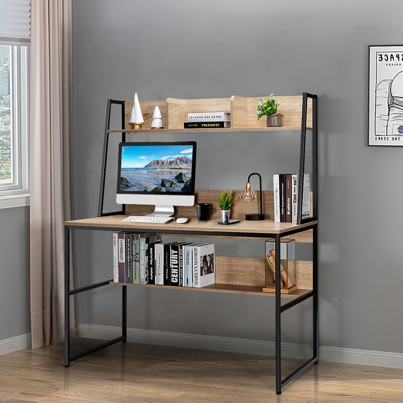 Costway 47'' Computer Desk w/ 3 Storage Cubes & Open Bookcase Home Office Natural