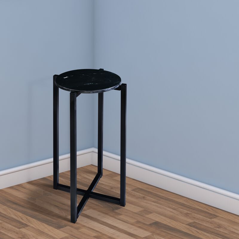 Ivy 24.5 Inch Round Marble Top Accent Side Table with Metal Frame, Black-Benzara