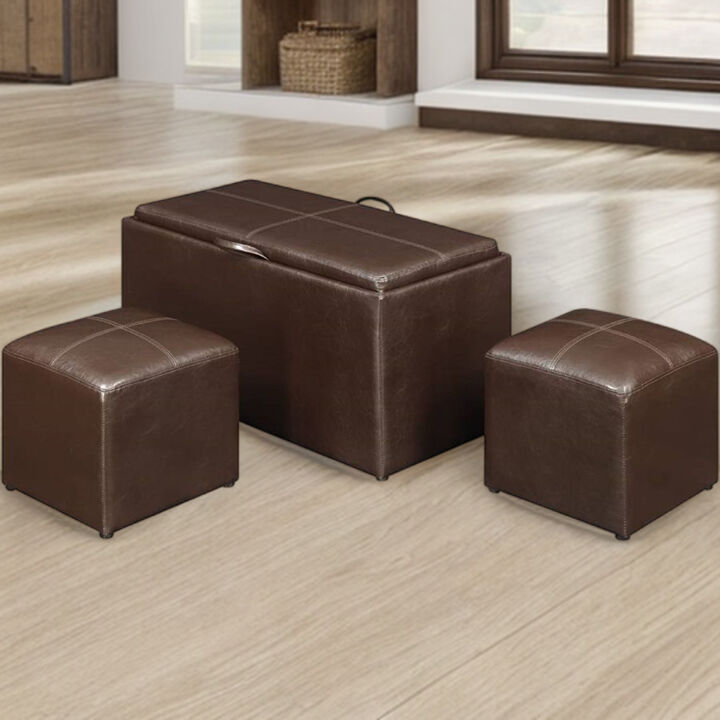 Hivvago Faux Leather Storage Bench Coffee Table with 2 Side Ottomans