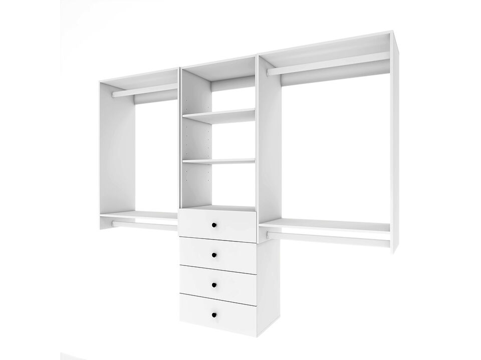Tall Closet Organizer System, Closet System with 4 Drawers, 4  Clothing Racks， Walk in Closet Organizers and Storage with 3 Shelves Wall Mounted, White Wardrobe Closet for Bedroom