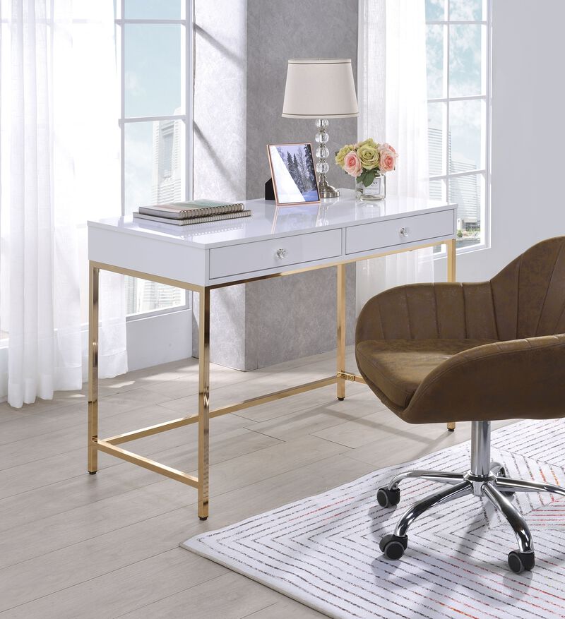 Ottey Vanity Desk in White High Gloss & Gold Finish AC00899