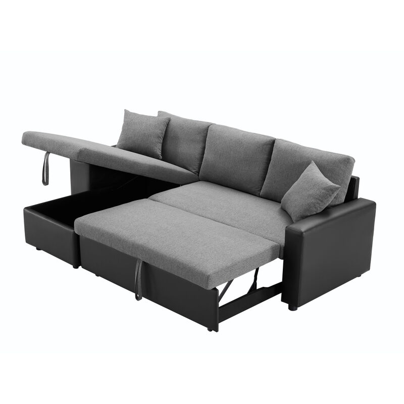 92.5"Linen Reversible Sleeper Sectional Sofa with storage and 2 stools Steel Gray