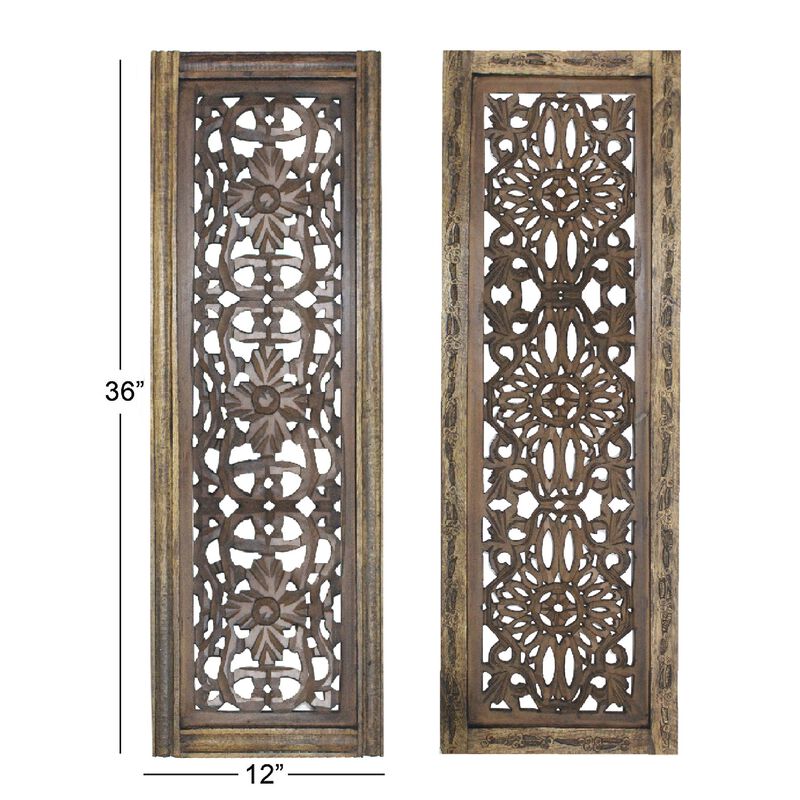 Benzara Floral Hand Carved Wooden Wall Panels, Assortment of Two, Brown-Benzara