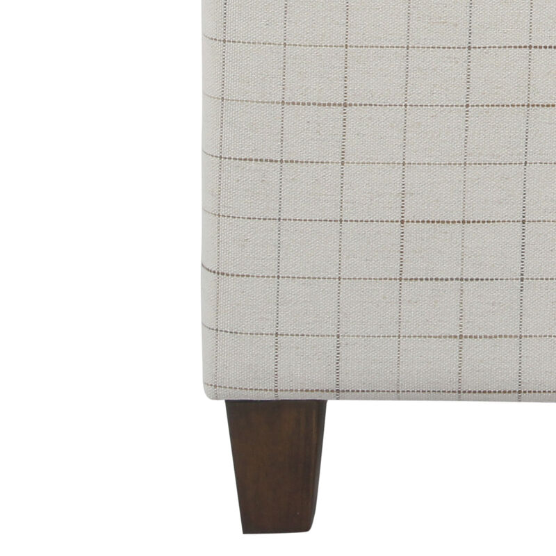 Wooden Square Ottoman with Grid Patterned Fabric Upholstery and Hidden Storage, Beige and Brown - Benzara