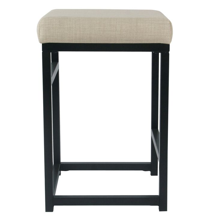 Open Back Metal Counter Stool with Fabric Upholstered Padded Seat, Beige and Black - Benzara