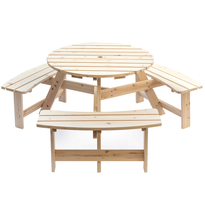 Wooden Outdoor Round Picnic Table with Bench for Patio, 6- Person with Umbrella Hole - Stained