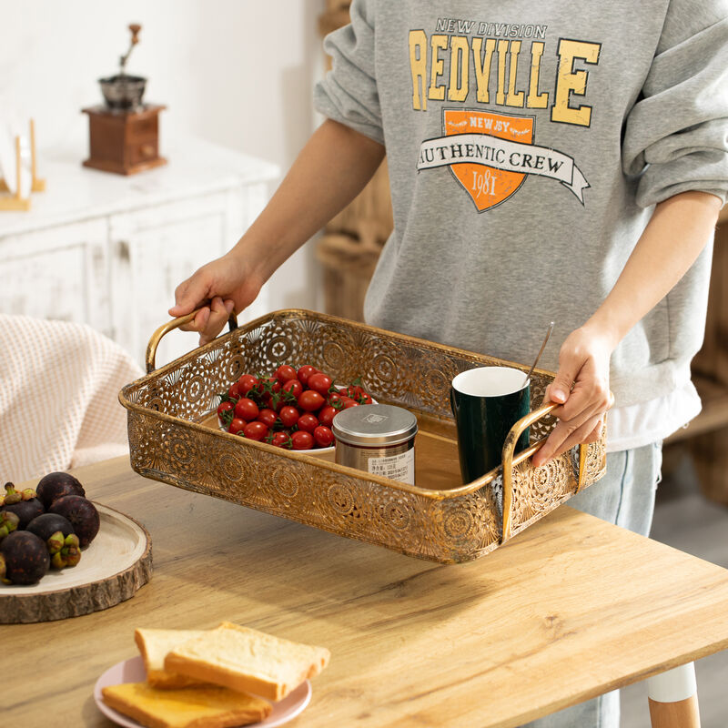 Metal Gold Rectangular Serving Tray with Oval Design and Handles, Medium