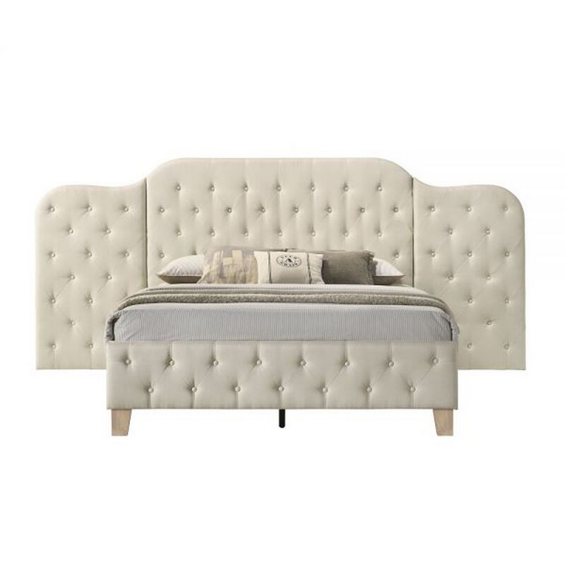 Ronny Inch King Size Bed, Wall Headboard, Beige Linen Tufted Upholstery - Benzara