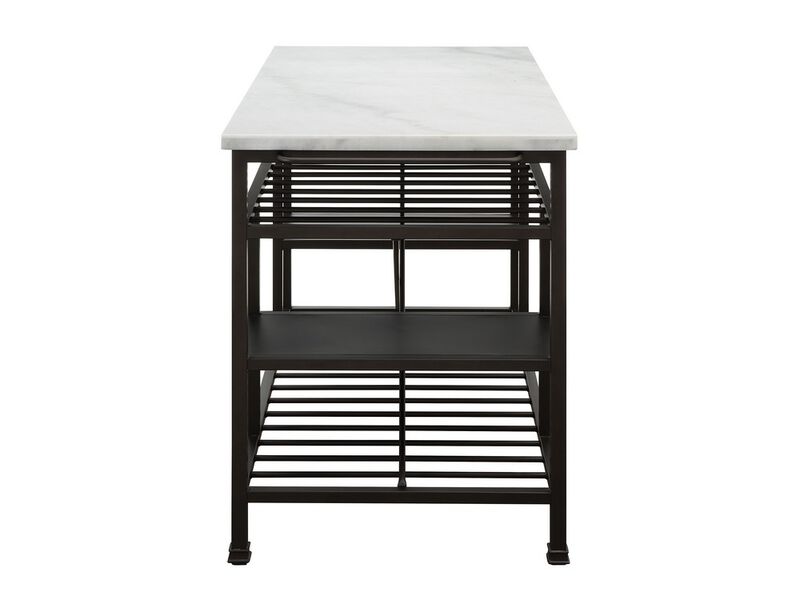 Marble Top Metal Kitchen Island with 2 Slated Shelves, Brown and White - Benzara