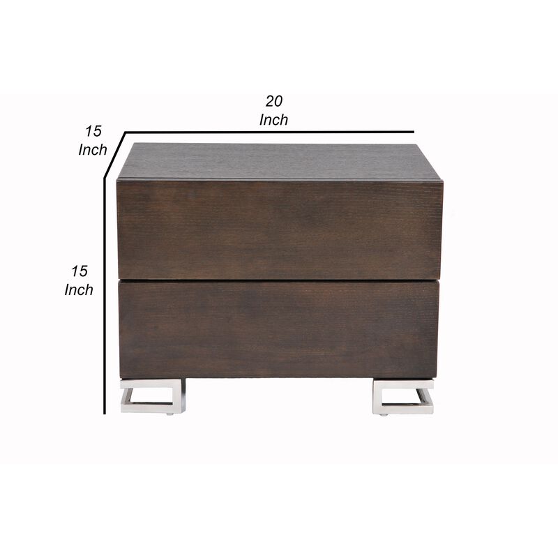 Sam 20 Inch Nightstand, 2 Drawers, Espresso Brown, High Polished Metal Legs - Benzara