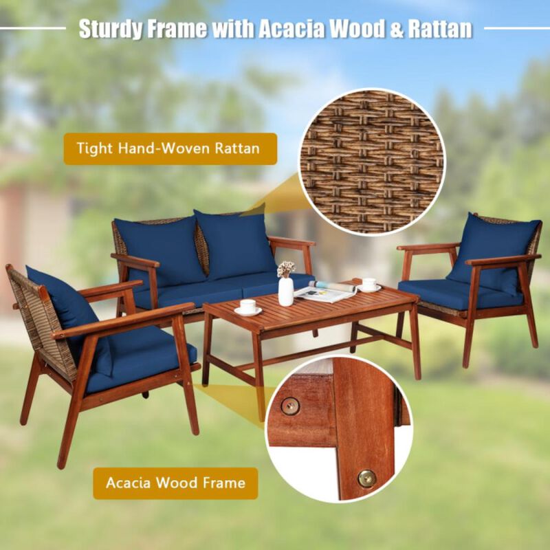 Hivvago 4 Pieces Acacia Wood Patio Rattan Furniture Set with Zippered Cushions