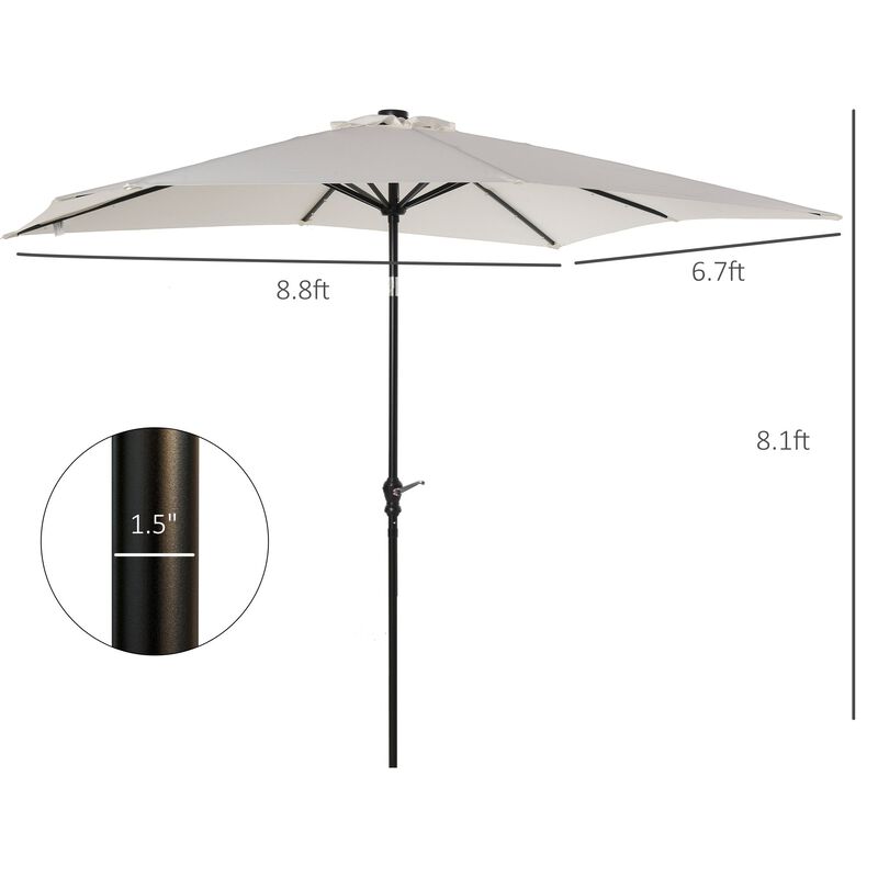 9' x 7' Patio Umbrella Outdoor Table Market Umbrella with Crank, Solar LED Lights, 45Â° Tilt, Push-Button Operation, for Deck, Pool, White