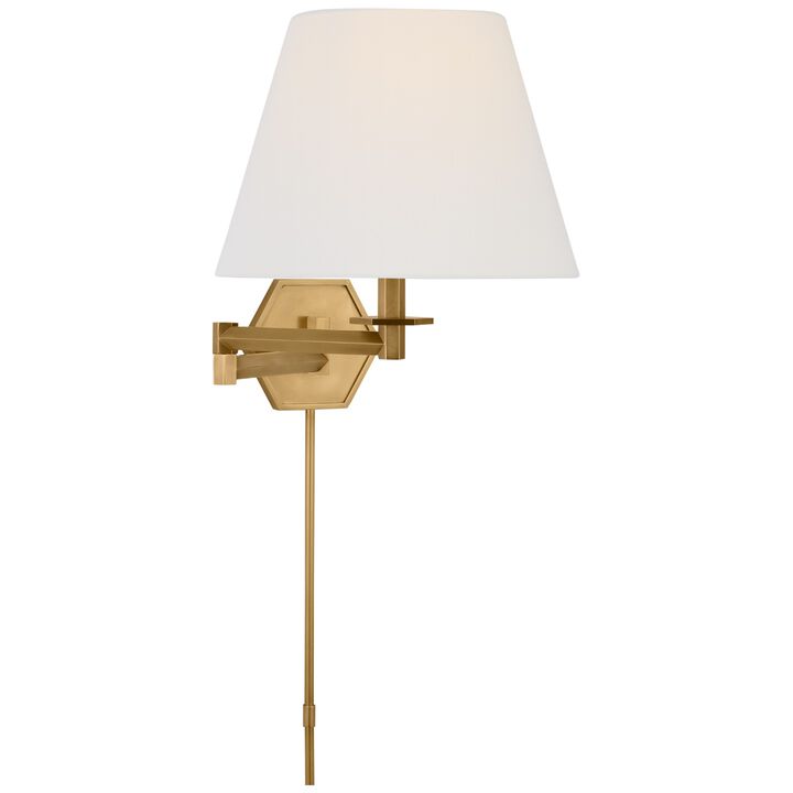 Olivier Swing Arm Wall Light in Hand-Rubbed Antique Brass with Linen Shade