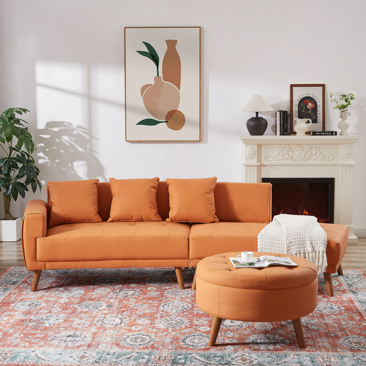 107" Contemporary Sofa Stylish Sofa Couch with a Round Storage Ottoman and Three Removable Pillows for Living Room, Orange