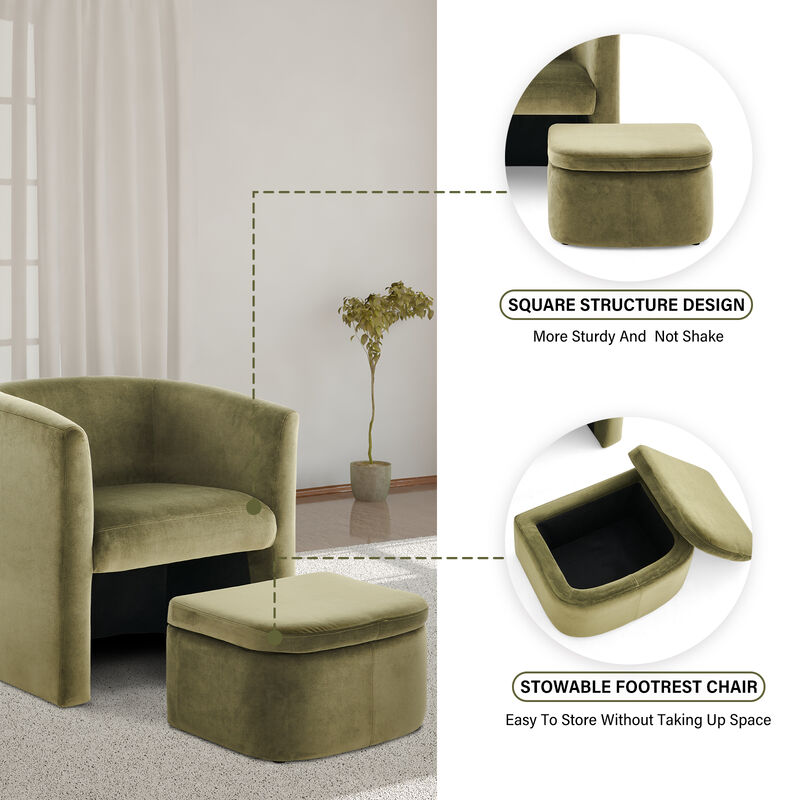 Upholstered Sherpa Barrel Chair with Storage Ottoman Set Green Color Modern Single Sofa Accent Lounge Chair
