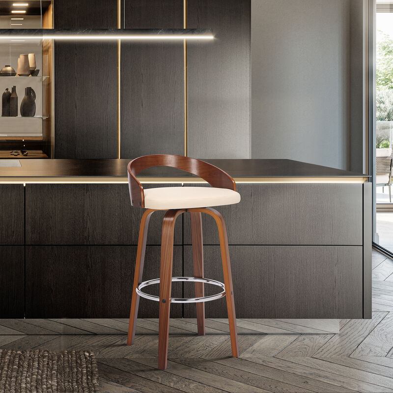 Sonia  Counter Height Swivel Grey Faux Leather and Walnut Wood Bar Stool