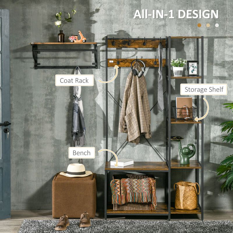 Rustic Brown Entryway: Industrial Hall Tree with Bench & Coat Rack