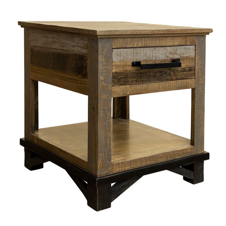 Peya 26 Inch Side End Table, Shelf, 1 Drawer, Distressed Gray, Brown Wood -Benzara