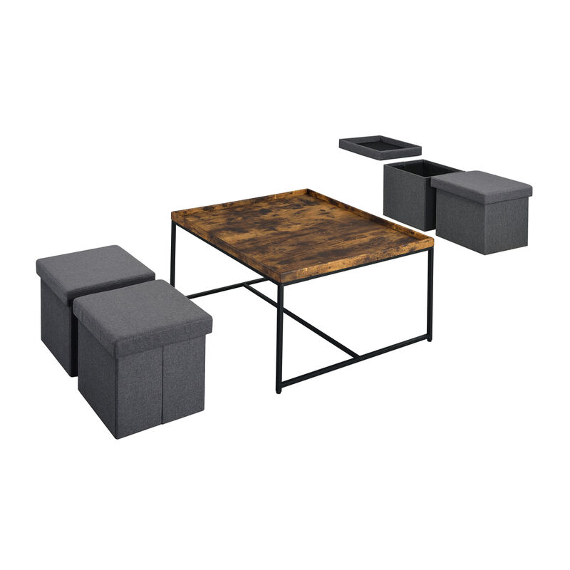 Vinny Weathered Oak Wood Grain 5 Piece Coffee Table Set With Raised Edges