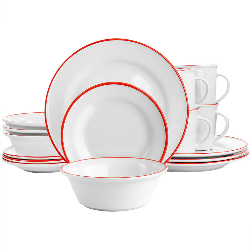 Martha Stewart Red Rimmed Fine Ceramic 16 Piece Dinnerware Set