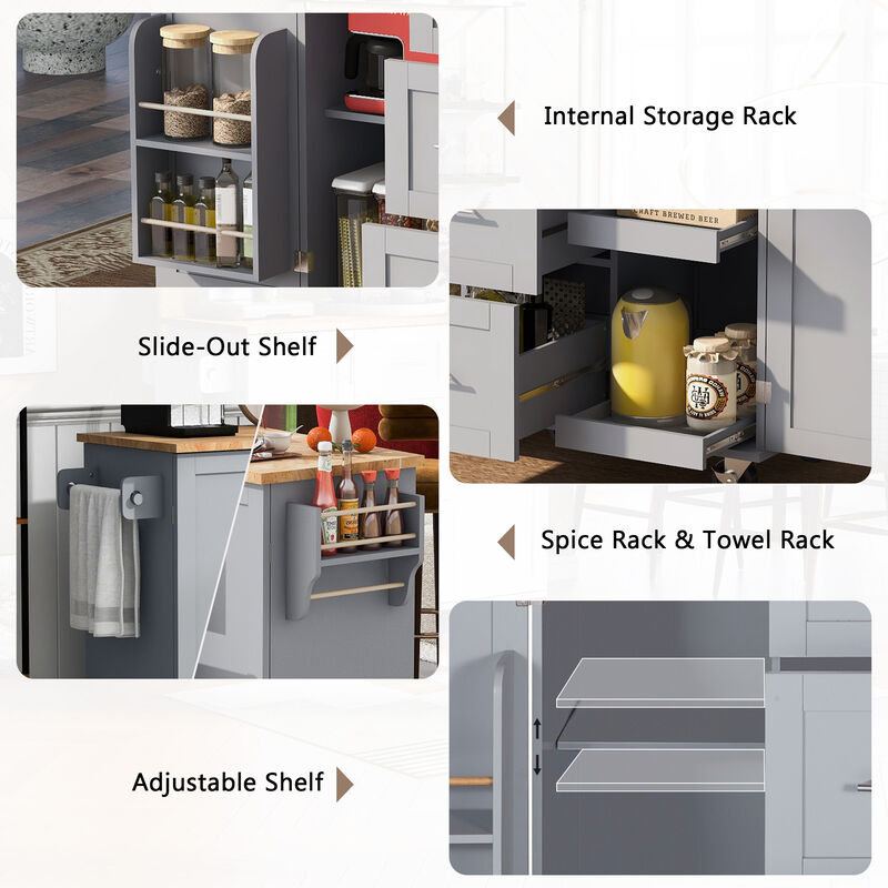 Rolling Kitchen Island with Storage, Kitchen Cart with Rubber Wood Top, 3 Drawer, 2 Slide-Out Shelf and Internal Storage Rack, Kitchen Island on Wheels with Spice Rack & Tower Rack Grey Blue