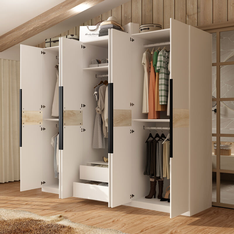 White Wood 94.4 in. W 6-Door Bedroom Armoire Large Wardrobe Closet Cabinet with 5 Hanging Rods, Drawers, Storage Shelf