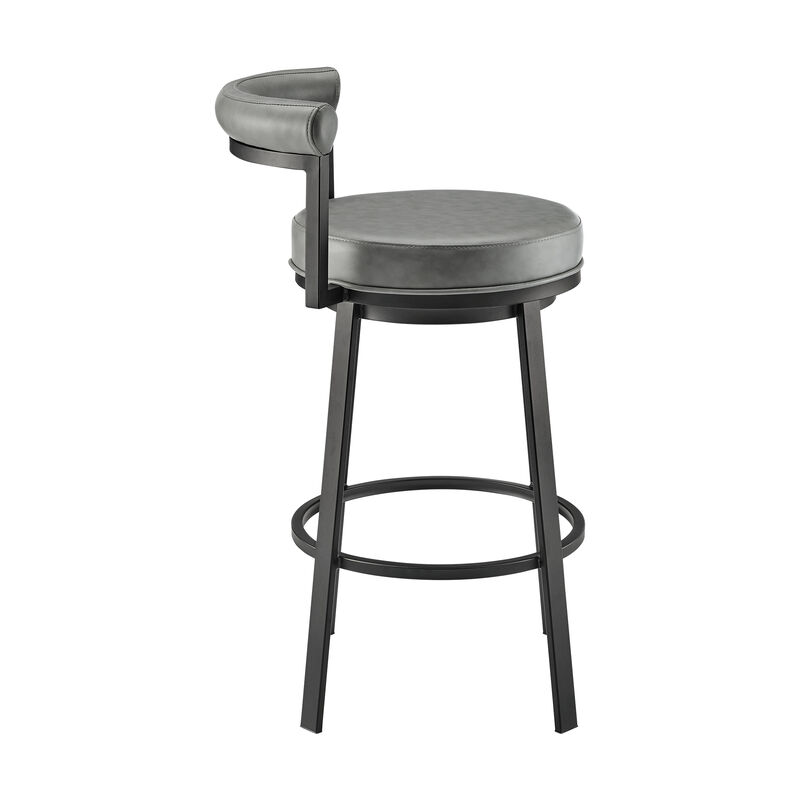 Elysha 30 Inch Swivel Bar Stool Chair, Round Cushion, Gray Faux Leather-Benzara