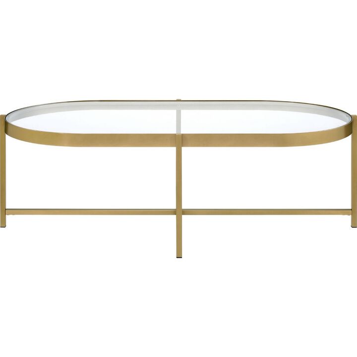 Coffee Table with Oblong Glass Top and Metal Frame, Gold