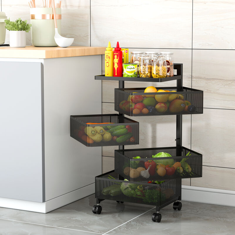 Mega Casa Rotating Kitchen Storage Rack with Handle, Fruit Vegetable Storage Shelf, Rolling Storage Cart, Multifunctional Household Shelf for Bedroom, Bathroom, Living Room(4-Tier Square)