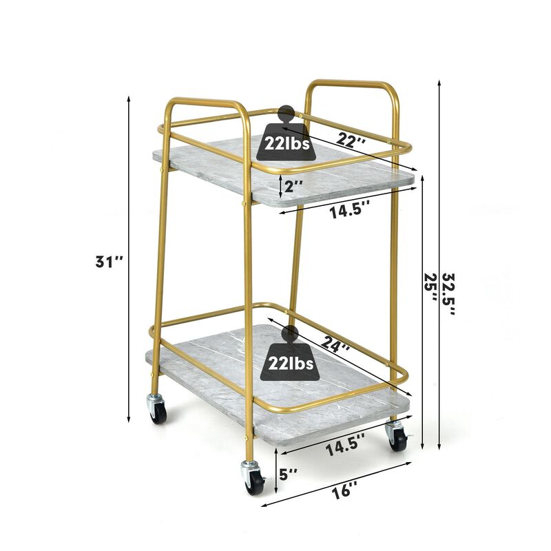 2-tier Kitchen Rolling Cart with Steel Frame and Lockable Casters-Grey