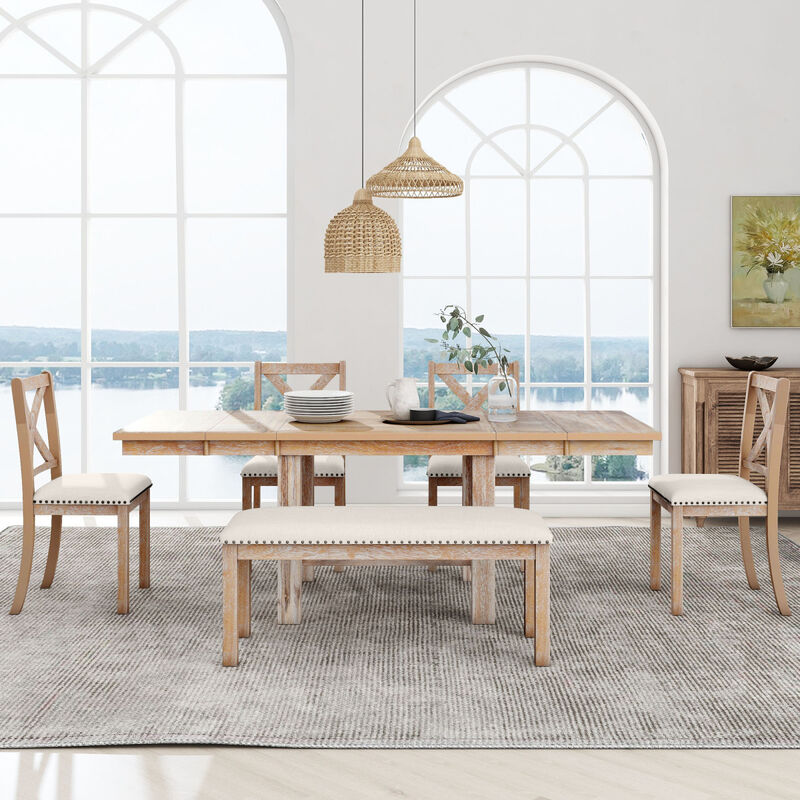 Farmhouse 82inch 6Piece Extendable Dining Table with Footrest, 4 Upholstered Dining Chairs and Dining Bench, Two 11"Removable Leaf, Natural+Beige Cushion