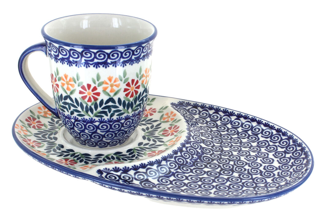 Blue Rose Polish Pottery Blue Violet Breakfast Plate with Breakfast Mug