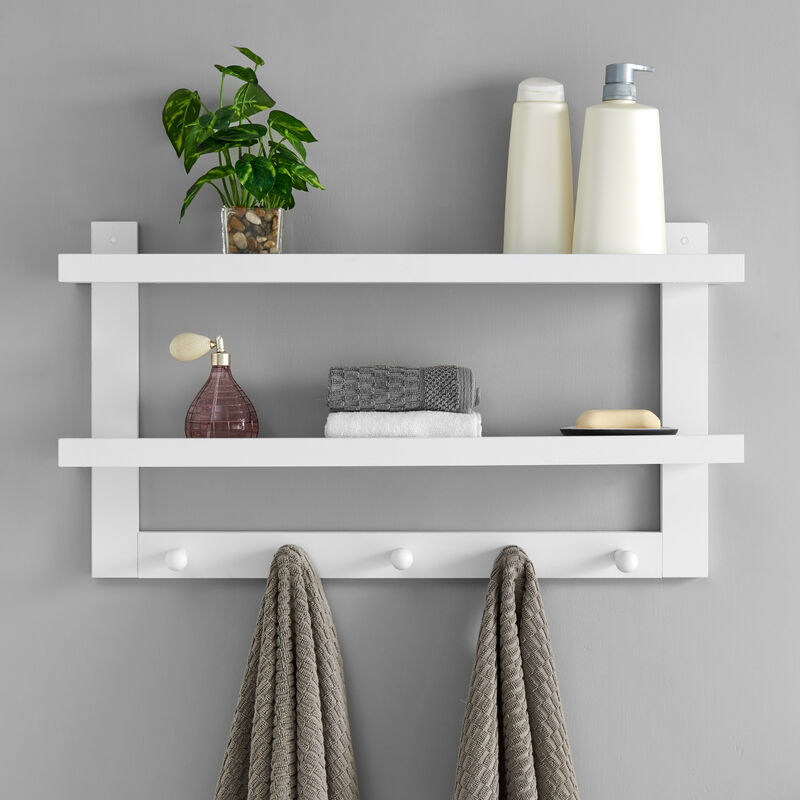 Two-Tier Ledge Shelf Wall Organizer with Five Hanging Hooks