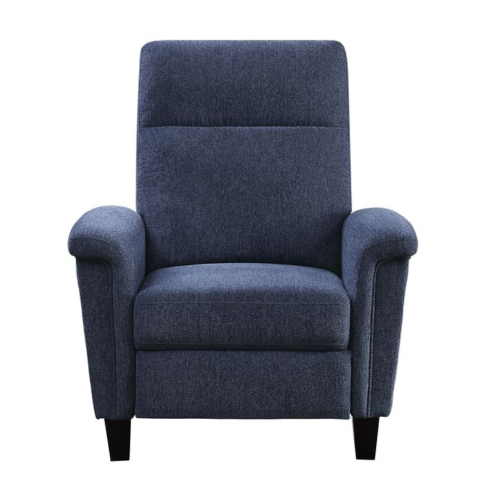 Iser 35 Inch Push Back Manual Recliner Chair, Blue Chenille Solid Wood - Benzara