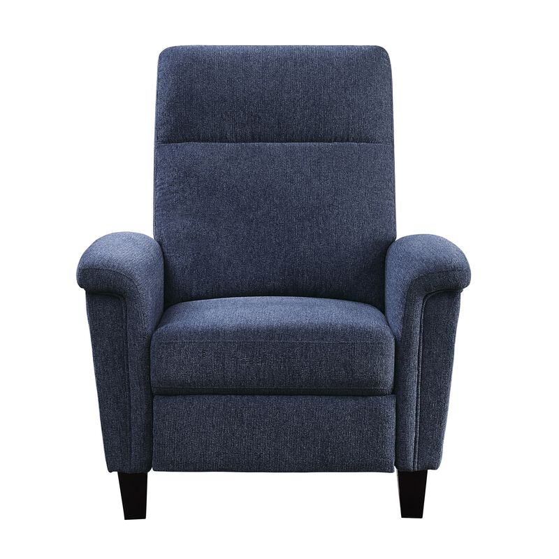 Iser 35 Inch Push Back Manual Recliner Chair, Blue Chenille Solid Wood - Benzara