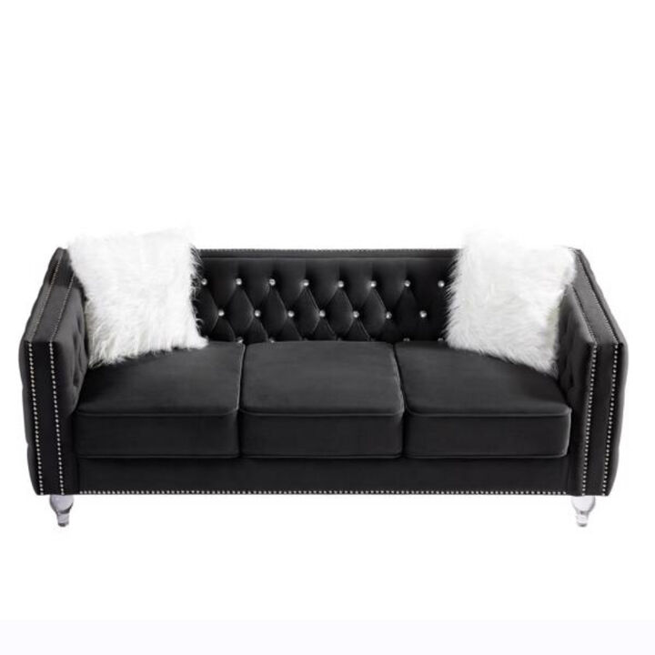 Velvet Sofa, Crystal Buckle Upholstery with Crystal Feet & Plush Pillows For Living Room